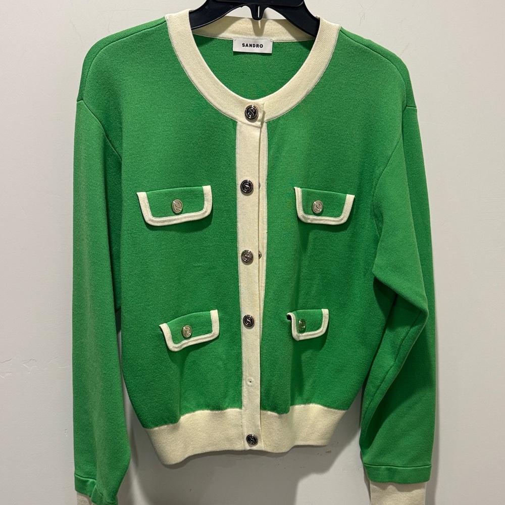 Sandro Vibrant Green Cardigan with Cream Accents